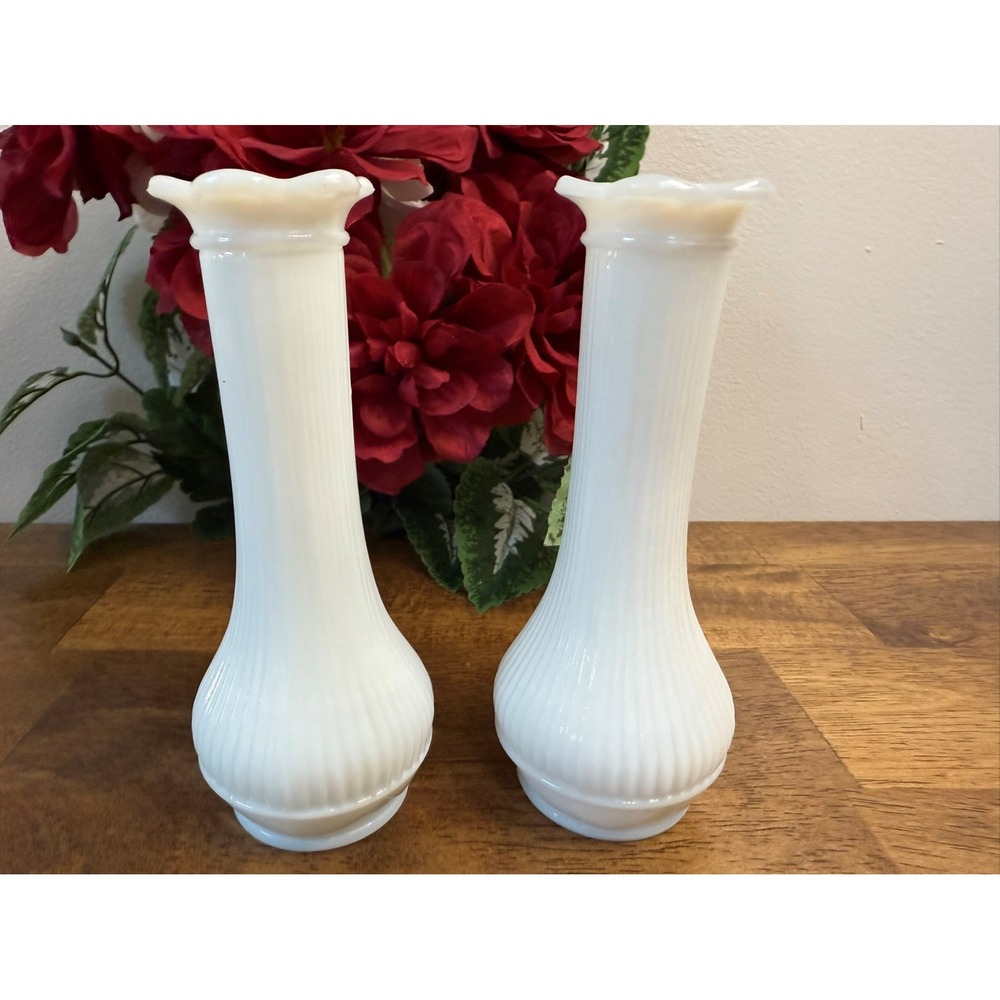 Vintage Randall Milk Glass Vases‎ Ribbed Ruffled Rim White MCM Wedding Decor